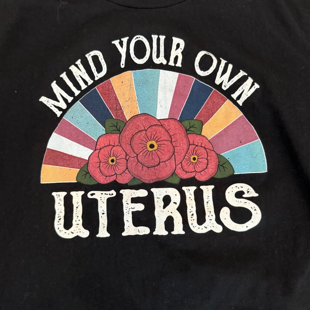 Mind Your Own Uterus Graphic Tee Black Retro Rainbow Floral Feminist T-Shirt